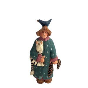 Vintage Williraye Studio Collectible Figurine Woman Cat Bird Folk Art Whimsical